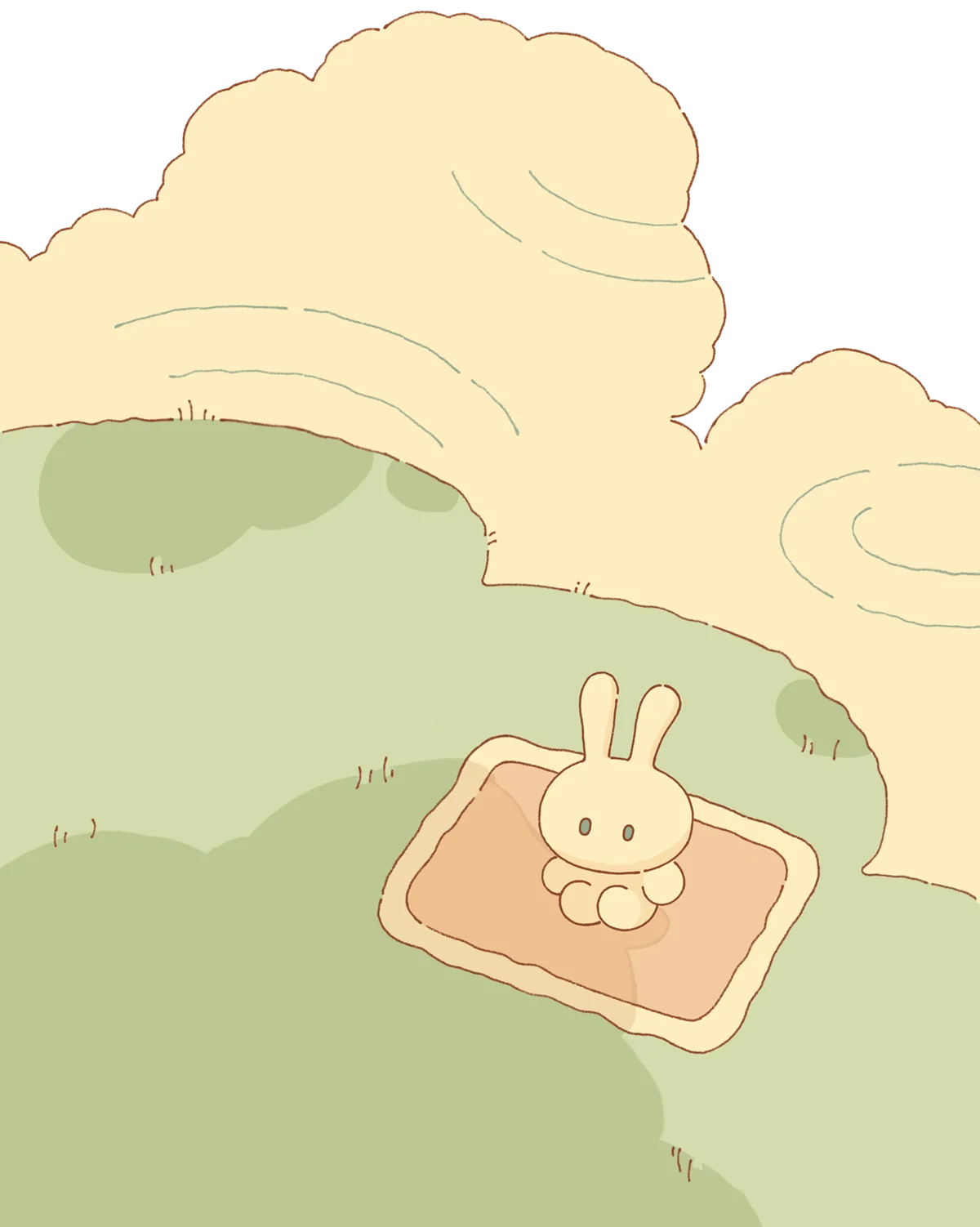 Para sitting on a picnic blanket on a hill, big clouds behind
