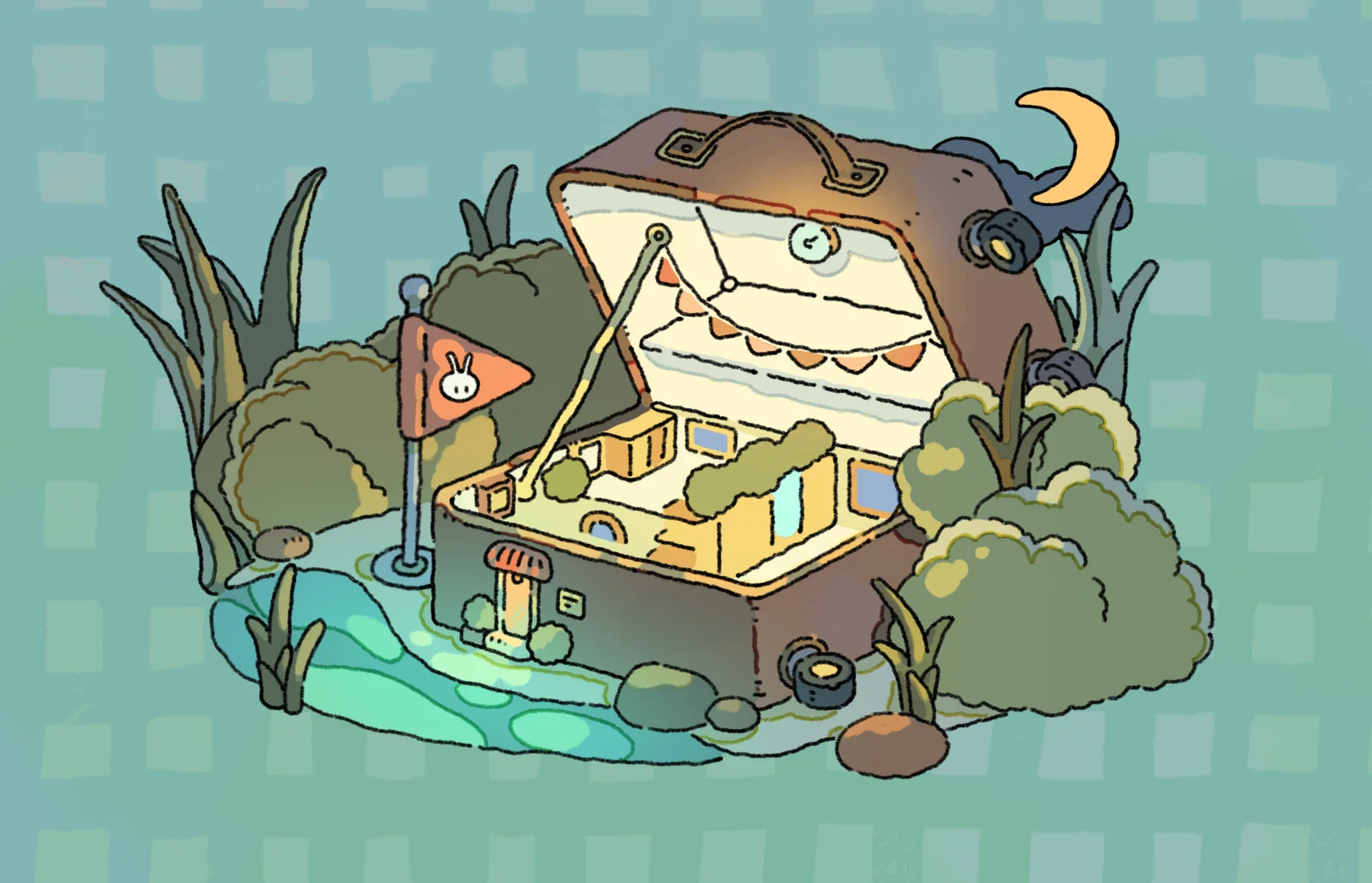 At night, the suitcase house glows with its lights on, a little flag beside it